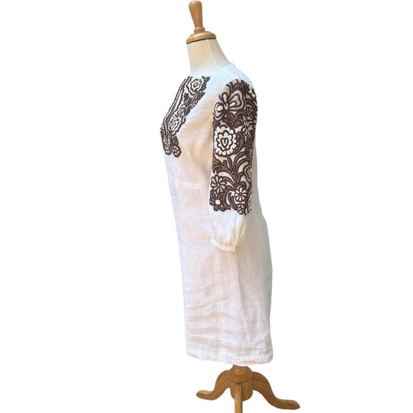 Tory Burch Beaded Mini Dress Tunic Sz 4 White Linen Brown Floral Embellished - Picture 4 of 16